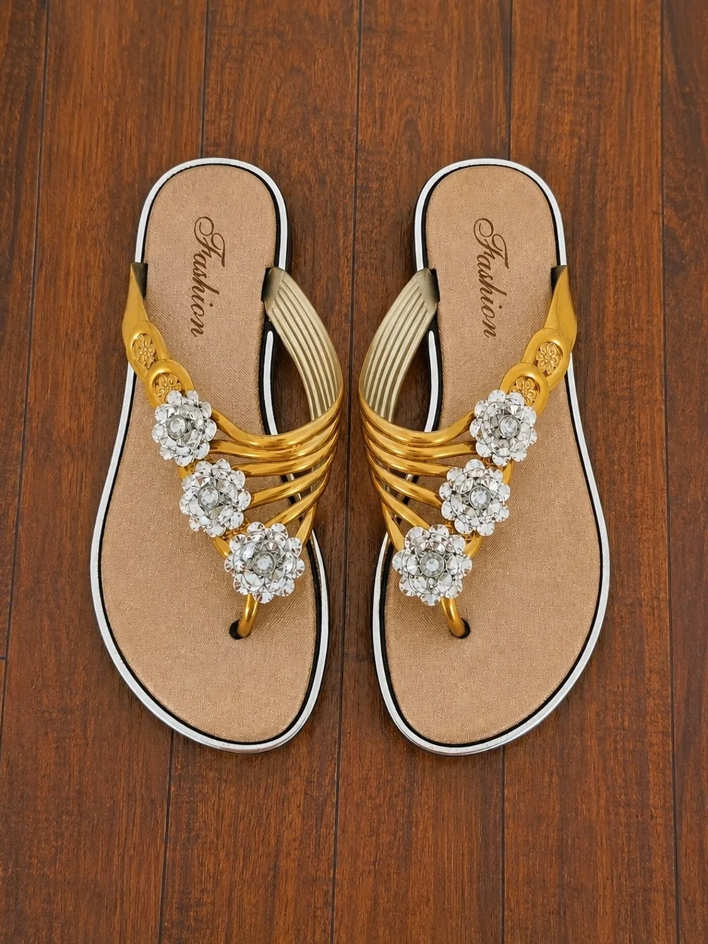 Amazon Gold Floral Rhinestone Women's Slip-On Sandals